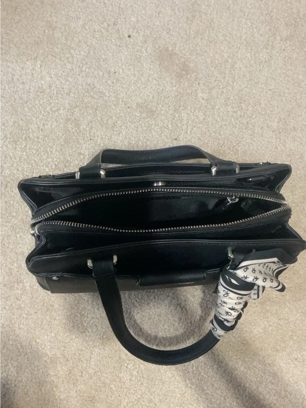 Michael Kors Black Leather Satchel with Patterned Twilly